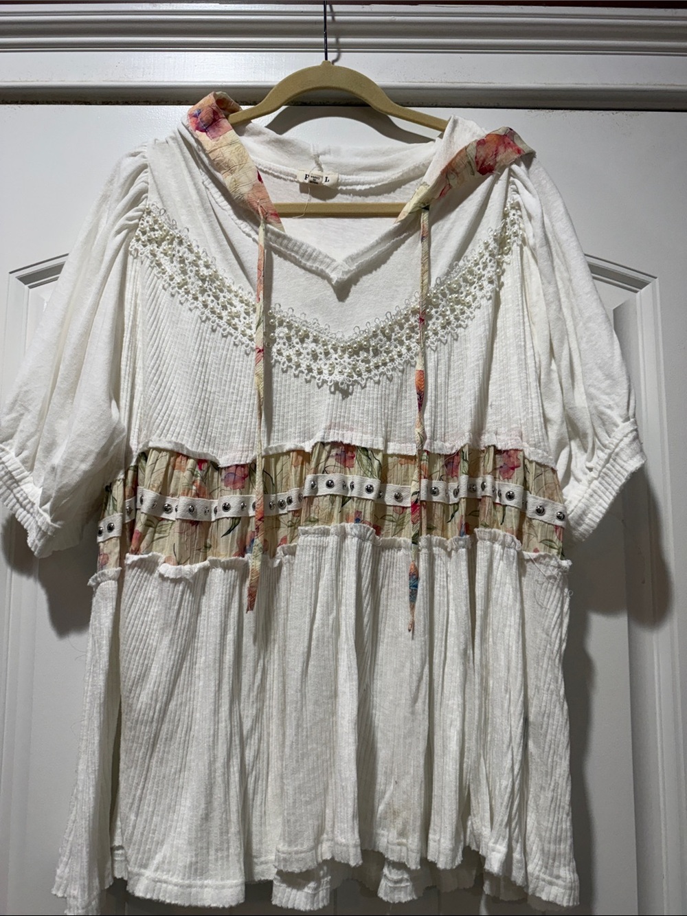 POL White Hooded Peasant Tunic with Floral Trim